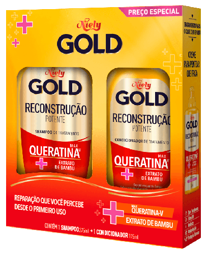 Kit Niely Gold Reconstrução Potente Shampoo 275ml Condicionador 175ml força brilho