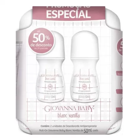 Kit 2 unidades Giovanna Baby Desodorante Roll-On Blanc Vanilla 50ml proteção prolongada frescor delicado