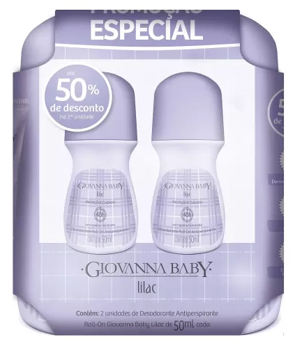 Kit 2 unidades Giovanna Baby Desodorante Roll-On Lilac 50ml proteção prolongada frescor floral
