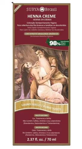 Tinta de Cabelo Semipermanente Henna Creme Surya Brasil Louro Sueco 70ml hidratação brilho